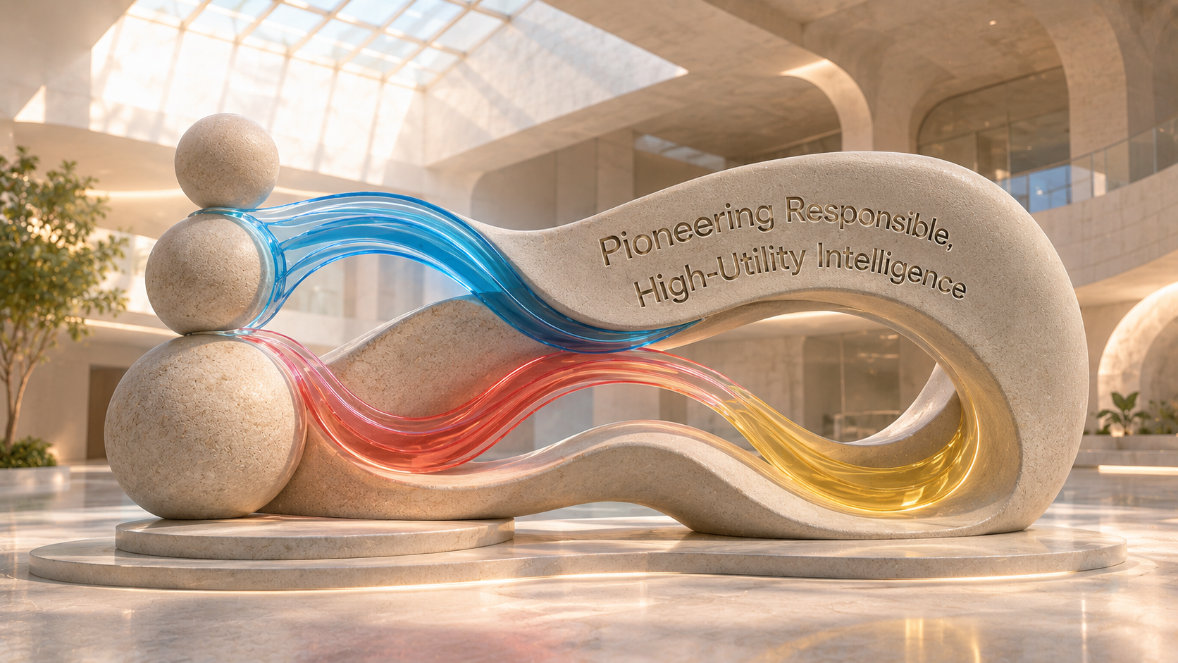 Sculpted stone ribbon with flowing blue, coral, and marigold glass reading Pioneering Responsible, High-Utility Intelligence.