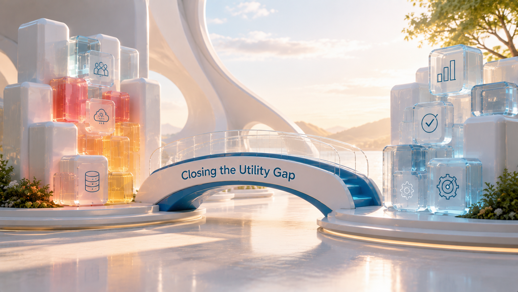 Glass bridge labeled Closing the Utility Gap linking two clusters of data blocks.