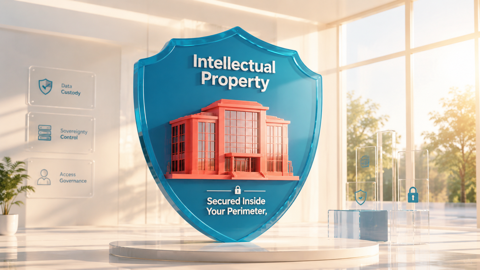 Blue glass shield reading Intellectual Property, secured inside your perimeter.