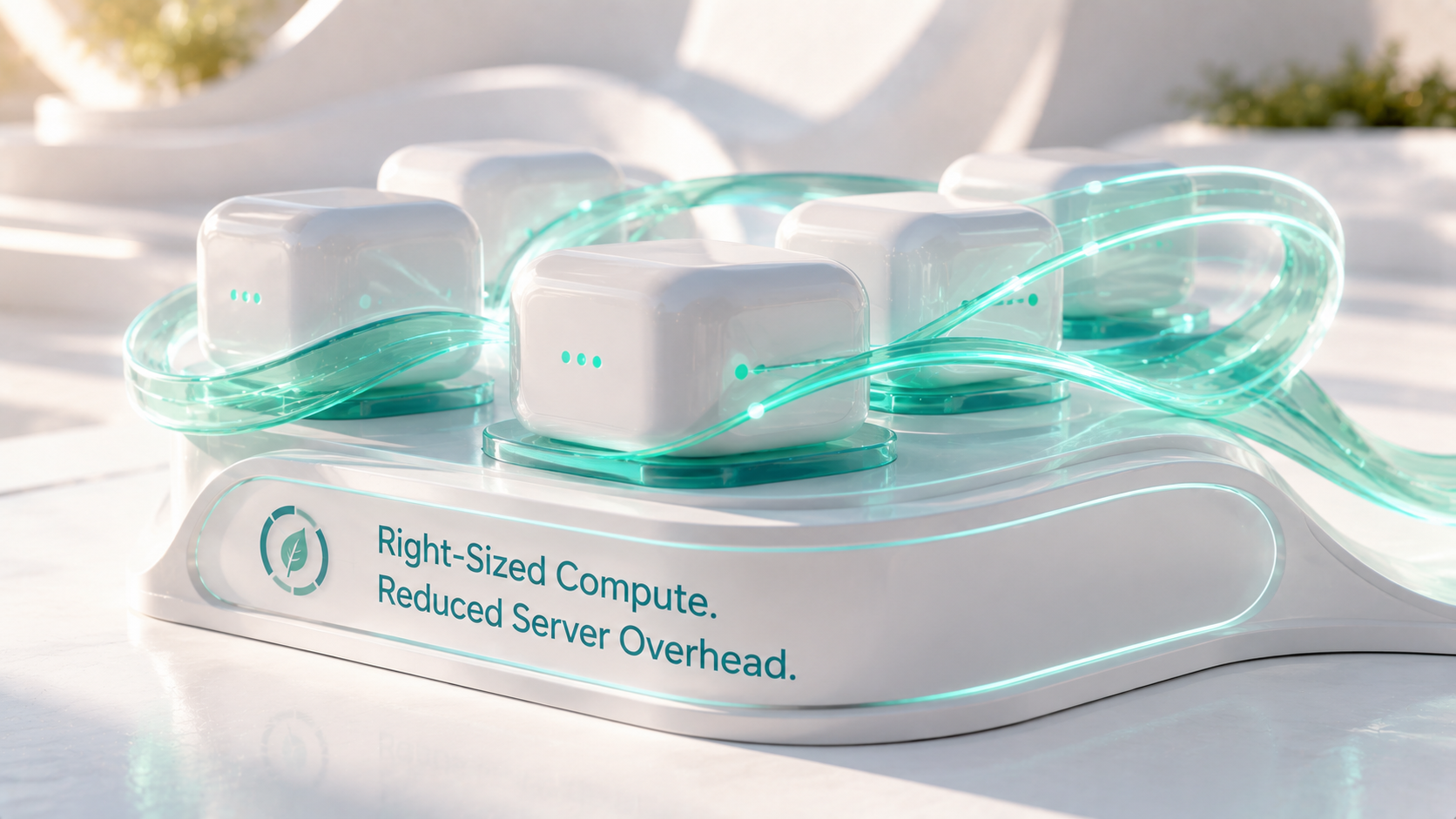 Rounded tech modules with Caribbean Green glowing lines representing right-sized compute.