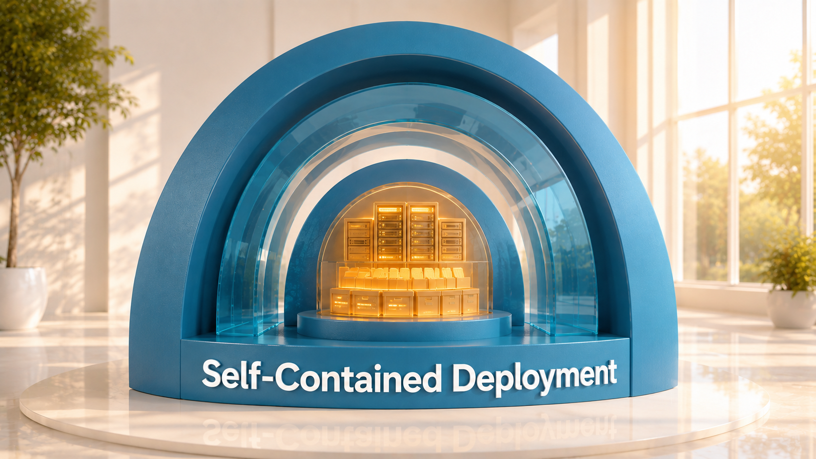 Archway enclosing a glowing server vault depicting self-contained deployment.