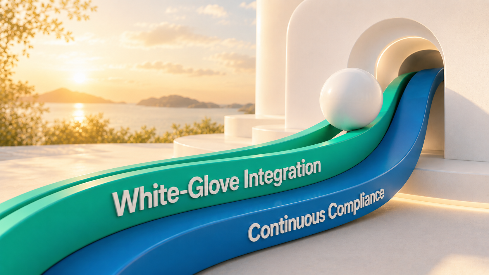 Smooth 3D ribbons illustrating white-glove integration and continuous compliance.