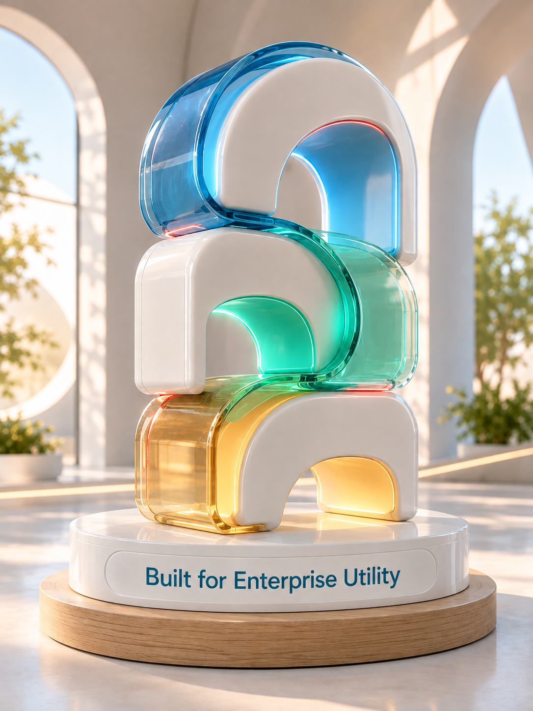 Stacked glass arch sculpture on a wooden plinth labeled Built for Enterprise Utility.