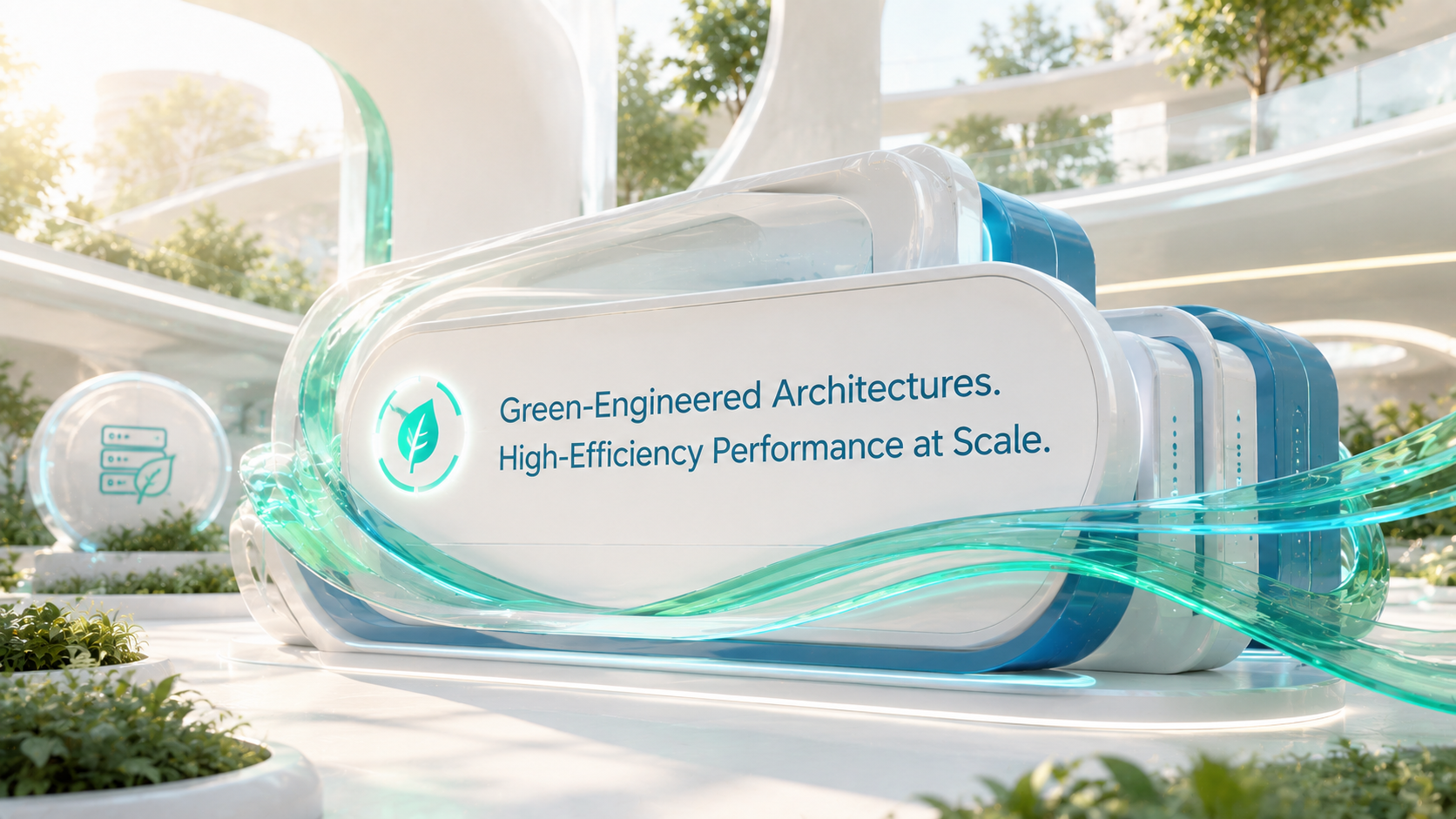 Rounded compute module reading Green-Engineered Architectures, high-efficiency performance at scale.