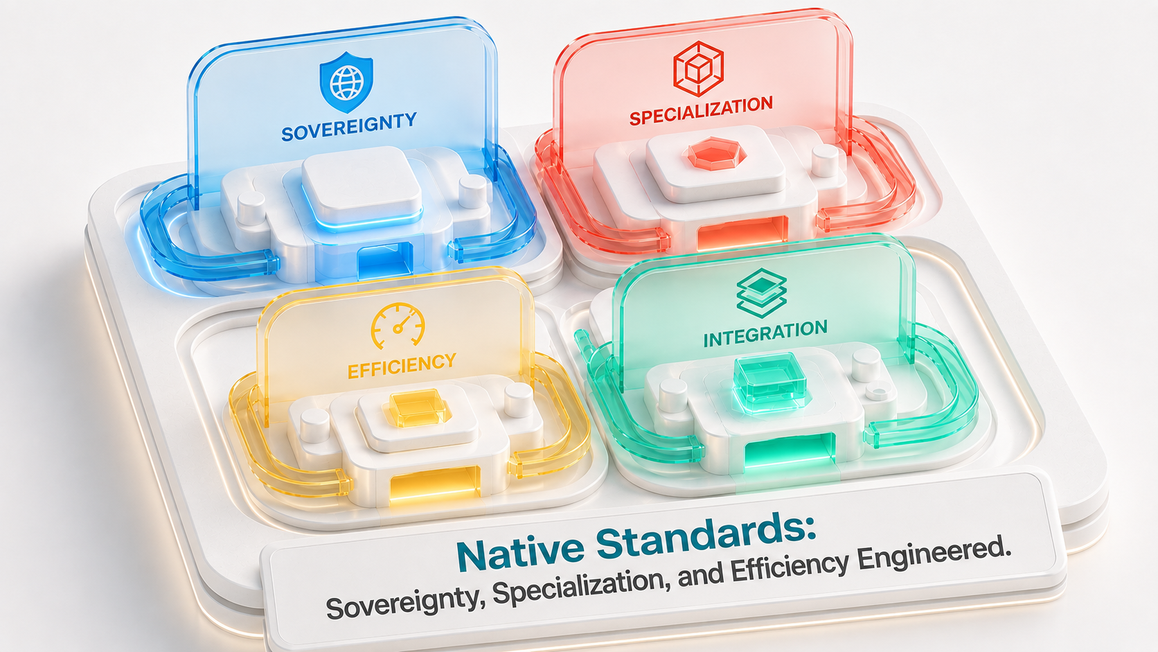 Four glass modules labeled Sovereignty, Specialization, Efficiency, and Integration.