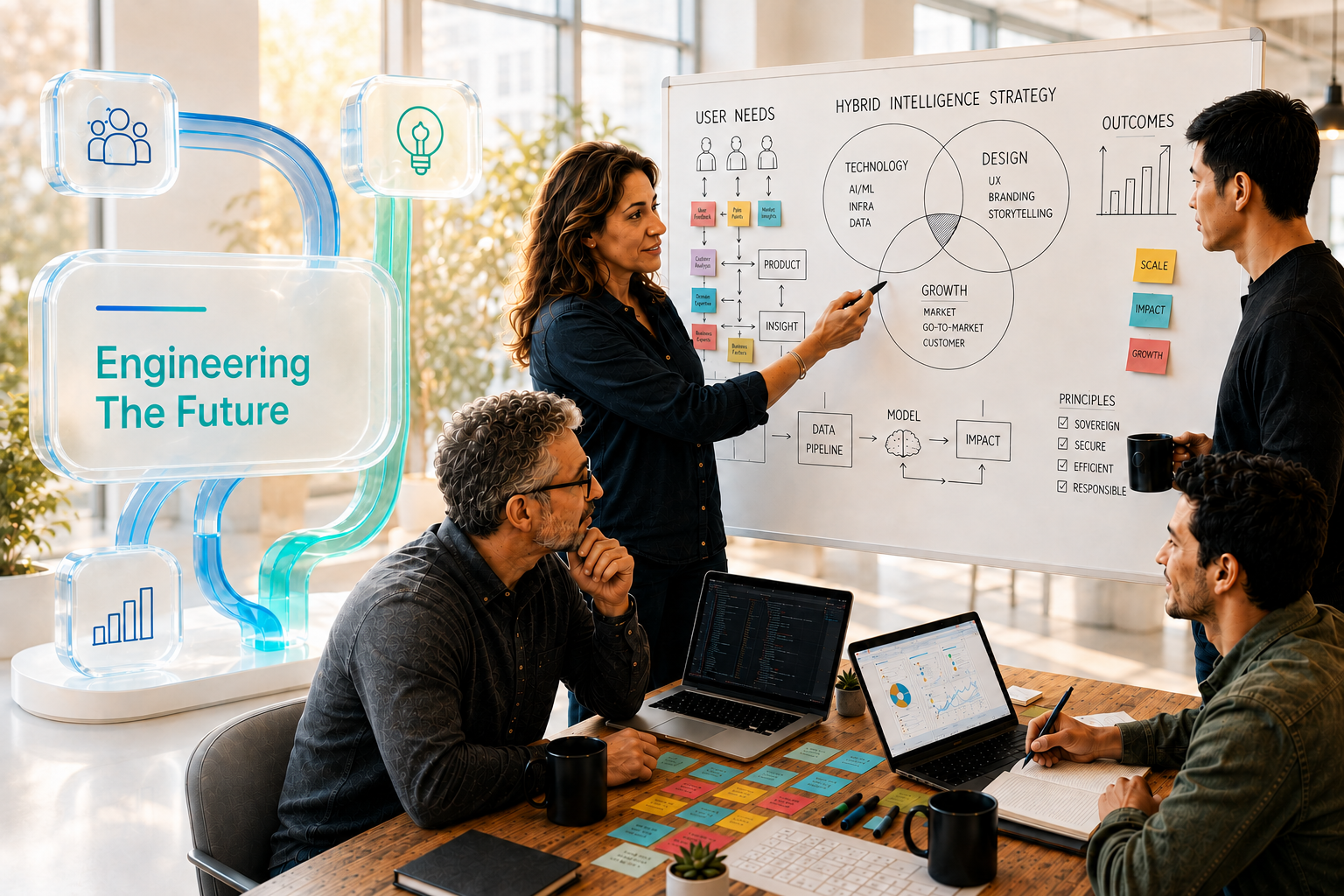 QQ Tech team collaborating on Hybrid Intelligence Strategy around a whiteboard with a 3D glassmorphism UI accent displaying Engineering The Future.